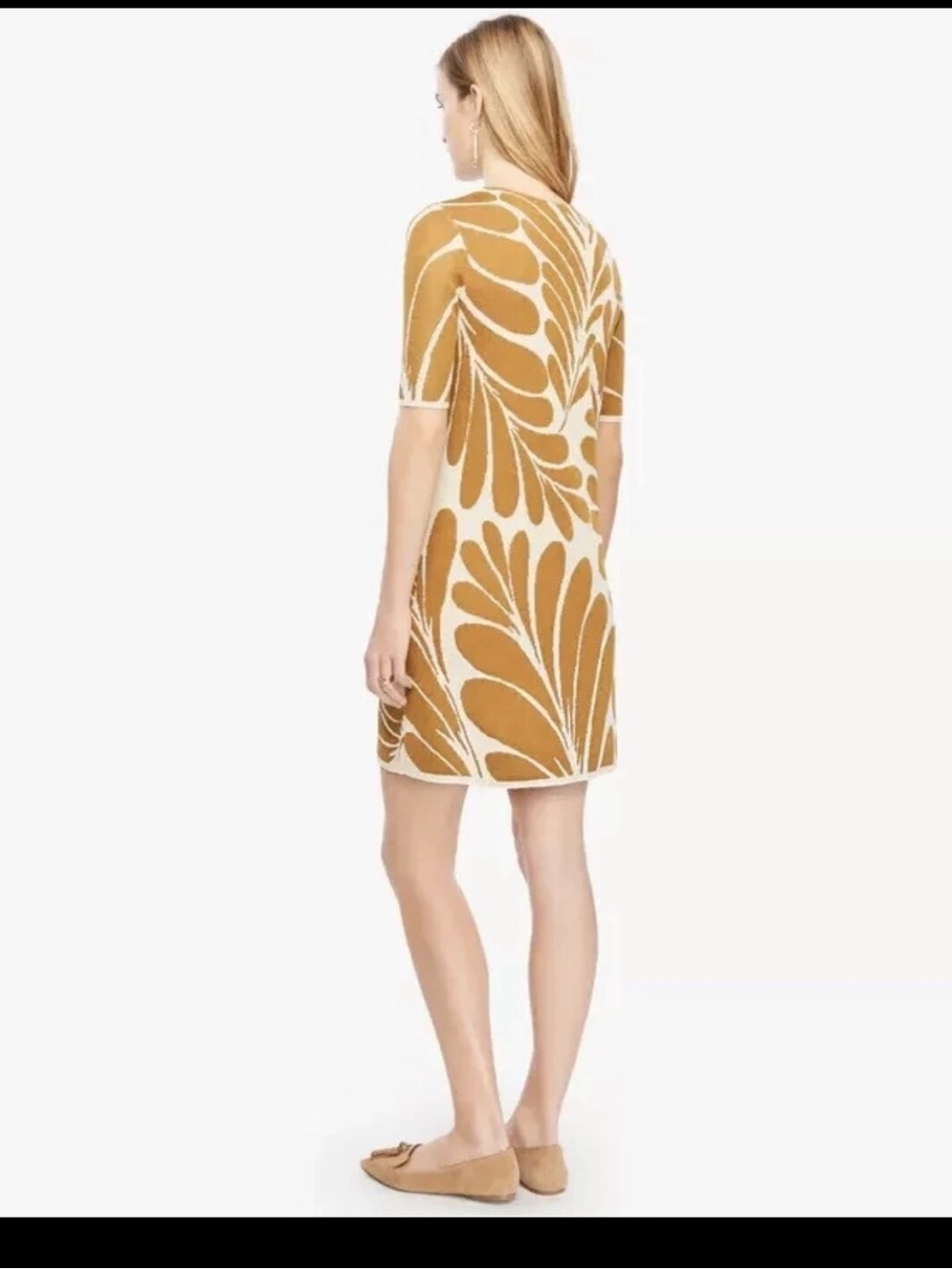 Ann Taylor Small Caramel Cream Abstract Leaf Print Knit V Neck Dress - Picture 7 of 7